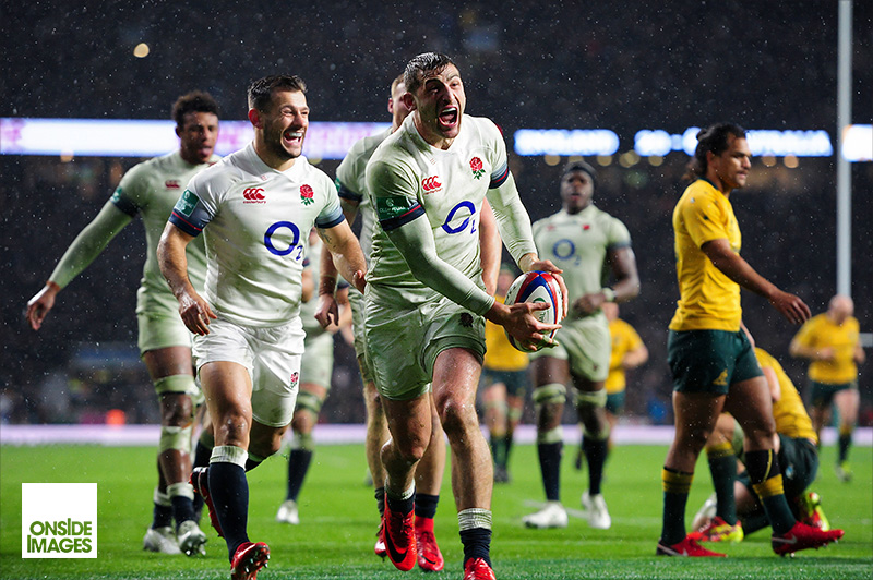 A delighted Jonny May of England scores at Twickenham