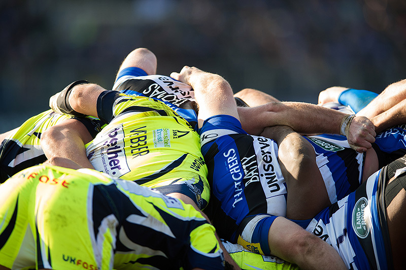 The Sale Sharks and Bath Rugby packs at a scrum