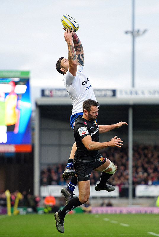 Matt Banahan of Bath Rugby claims the ball in the air against Exeter Chiefs